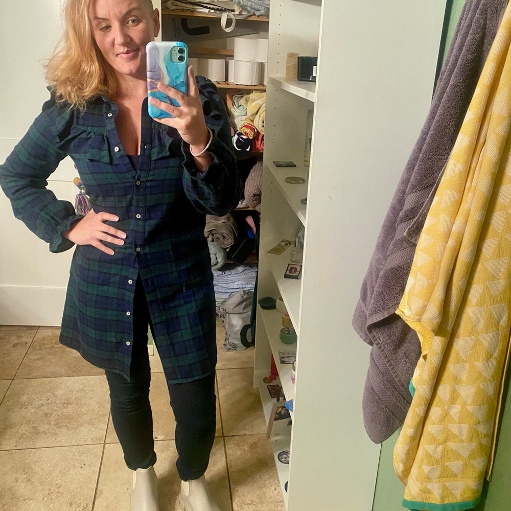 Women’s Green & Navy Plaid Ruffle-Yoke Shirt Dress